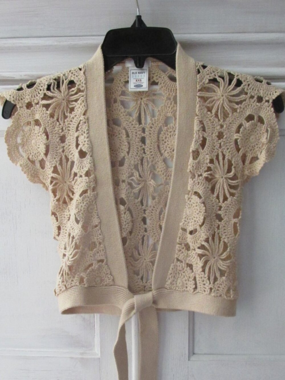 OLD NAVY GIRL'S SIZE XXS (8) KHAKI SHRUG CAP SLEEVE TIE FRONT CROCHETED BOHO HIP